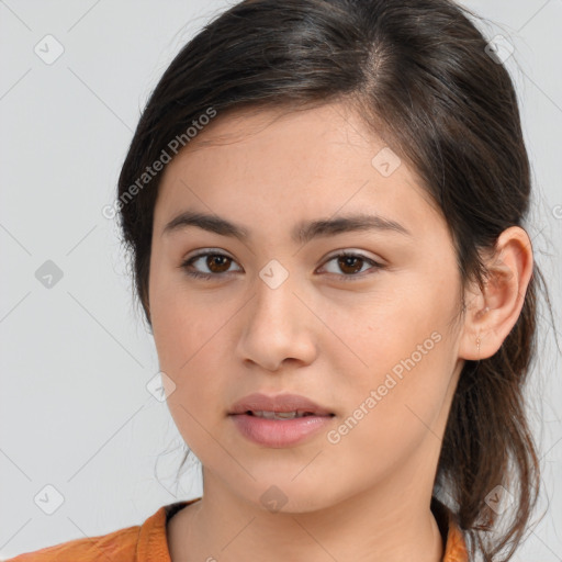 Neutral white young-adult female with medium  brown hair and brown eyes