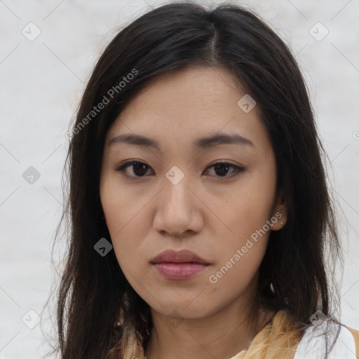 Neutral asian young-adult female with long  brown hair and brown eyes