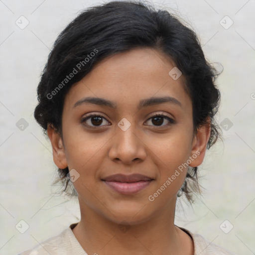 Joyful latino young-adult female with short  brown hair and brown eyes