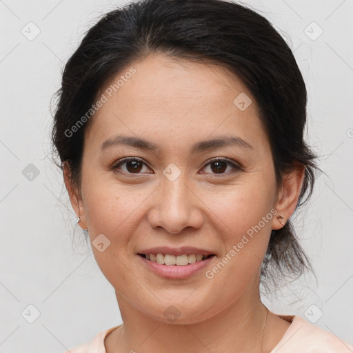 Joyful white young-adult female with medium  brown hair and brown eyes