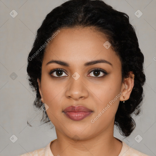 Joyful latino young-adult female with medium  black hair and brown eyes