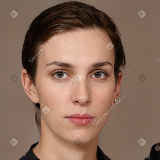 Neutral white young-adult female with short  brown hair and brown eyes