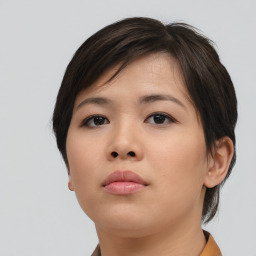 Neutral asian young-adult female with short  brown hair and brown eyes