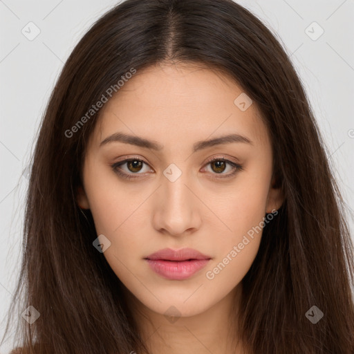 Neutral white young-adult female with long  brown hair and brown eyes