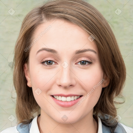 Joyful white young-adult female with medium  brown hair and blue eyes