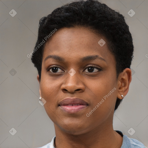 Joyful black young-adult female with short  brown hair and brown eyes