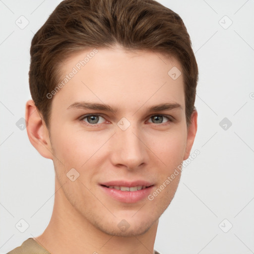 Joyful white young-adult female with short  brown hair and grey eyes