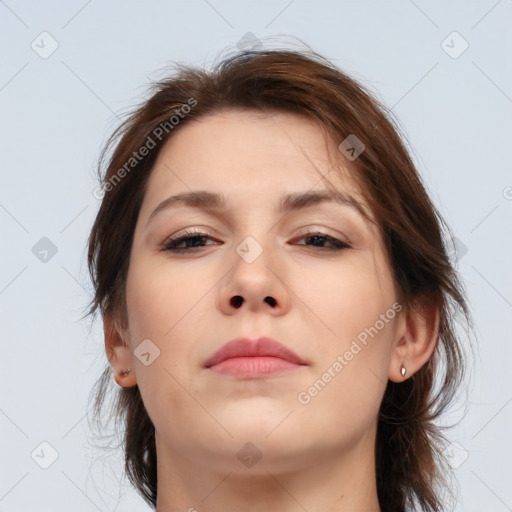 Neutral white young-adult female with medium  brown hair and brown eyes