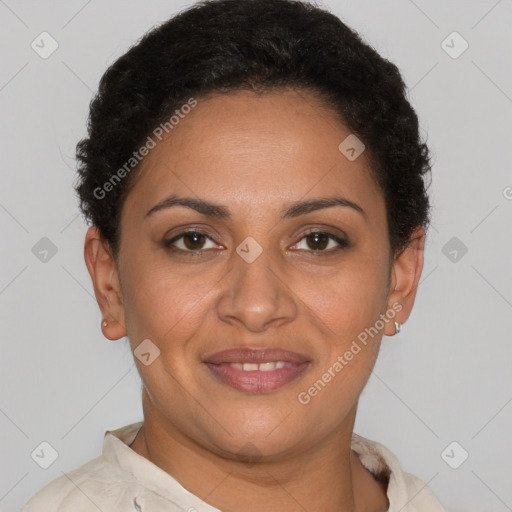 Joyful latino young-adult female with short  brown hair and brown eyes