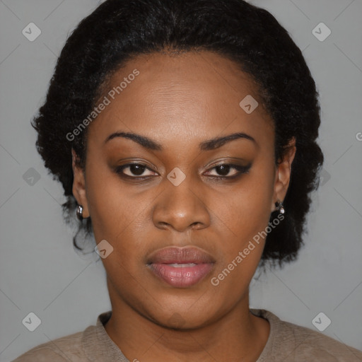 Neutral black young-adult female with short  black hair and brown eyes