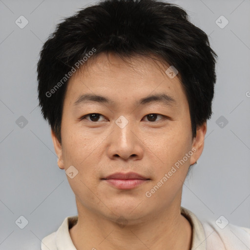 Neutral asian young-adult male with short  brown hair and brown eyes