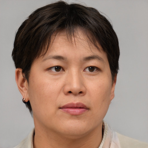 Neutral white adult female with short  brown hair and brown eyes