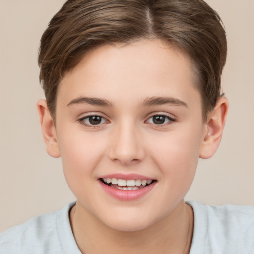 Joyful white child female with short  brown hair and brown eyes