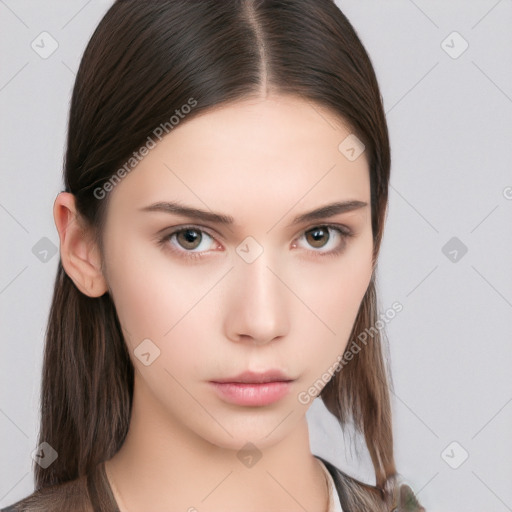 Neutral white young-adult female with long  brown hair and brown eyes