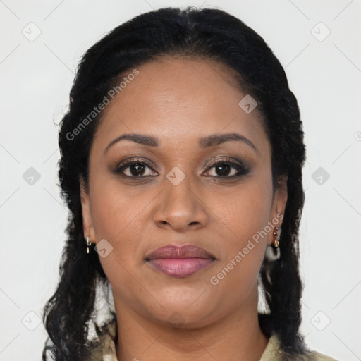 Joyful latino young-adult female with long  brown hair and brown eyes