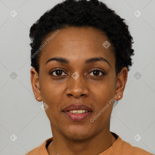 Neutral black young-adult female with short  black hair and brown eyes