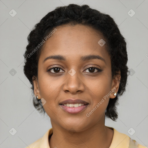 Joyful latino young-adult female with short  black hair and brown eyes