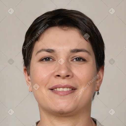 Joyful white young-adult female with short  brown hair and brown eyes