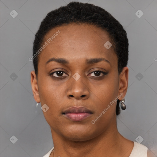 Neutral black young-adult female with short  black hair and brown eyes