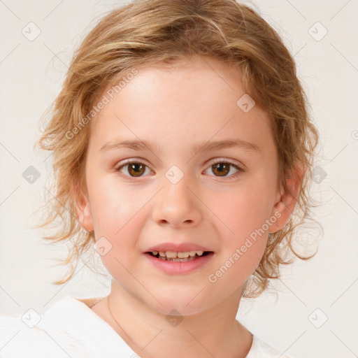 Joyful white child female with medium  brown hair and brown eyes