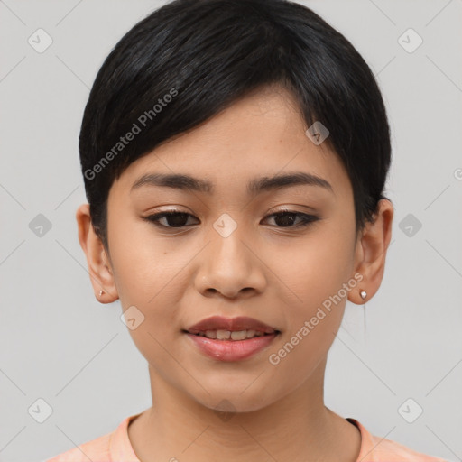 Joyful asian young-adult female with short  black hair and brown eyes