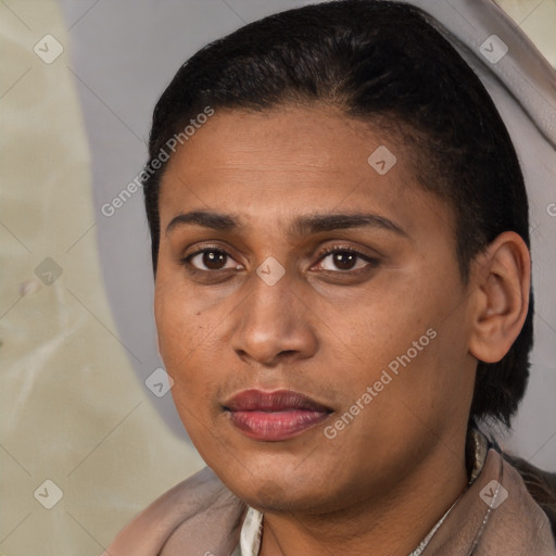 Joyful latino young-adult female with short  brown hair and brown eyes