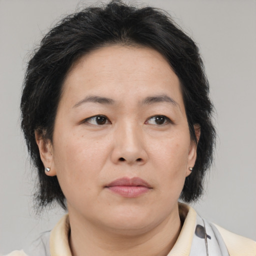 Neutral asian adult female with medium  brown hair and brown eyes