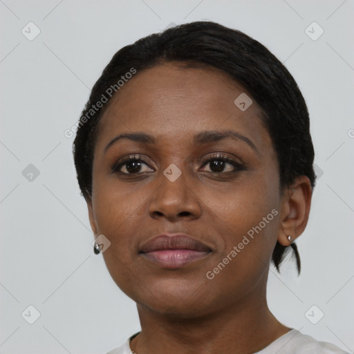 Neutral black young-adult female with short  brown hair and brown eyes