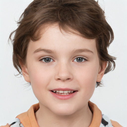 Joyful white child female with medium  brown hair and brown eyes