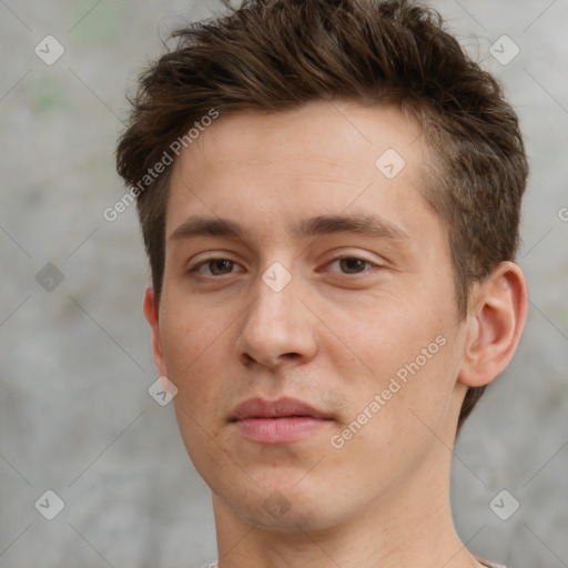 Neutral white young-adult male with short  brown hair and brown eyes