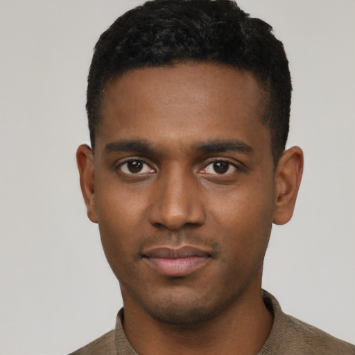 Neutral black young-adult male with short  black hair and brown eyes