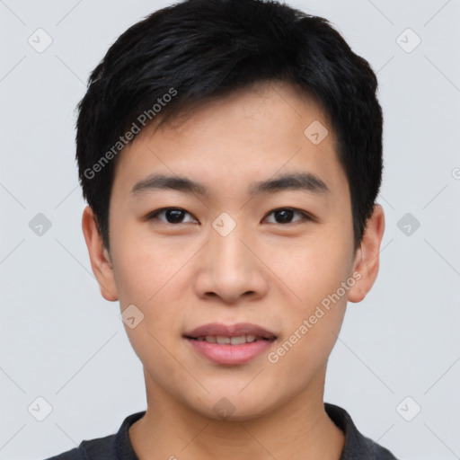 Neutral asian young-adult male with short  black hair and brown eyes