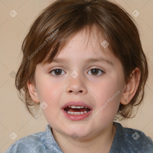 Joyful white child female with medium  brown hair and brown eyes