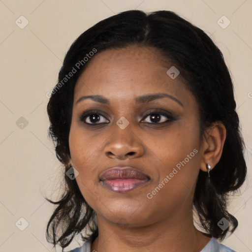 Joyful black young-adult female with medium  black hair and brown eyes