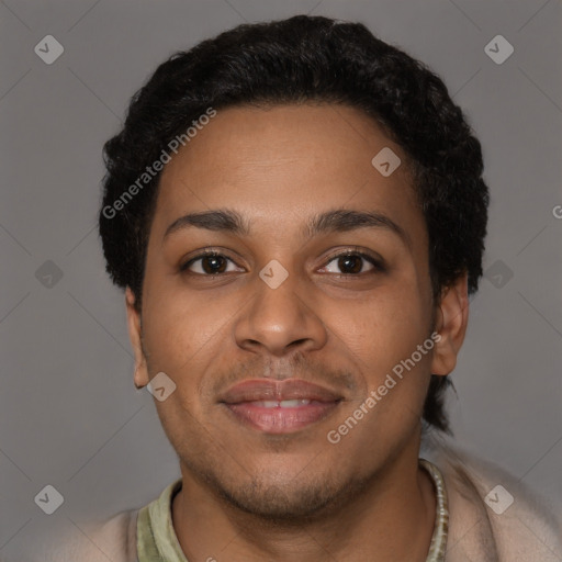 Joyful latino young-adult male with short  brown hair and brown eyes