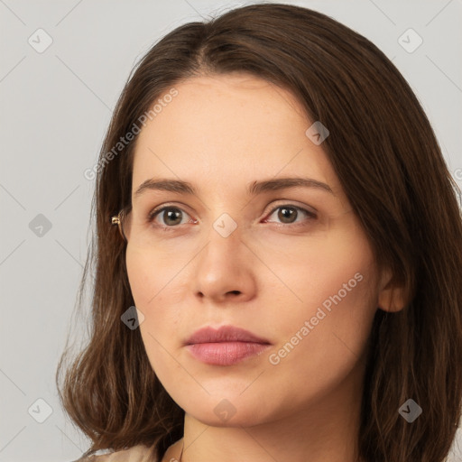 Neutral white young-adult female with long  brown hair and grey eyes