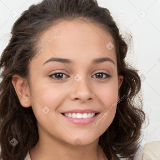 Joyful white child female with long  brown hair and brown eyes