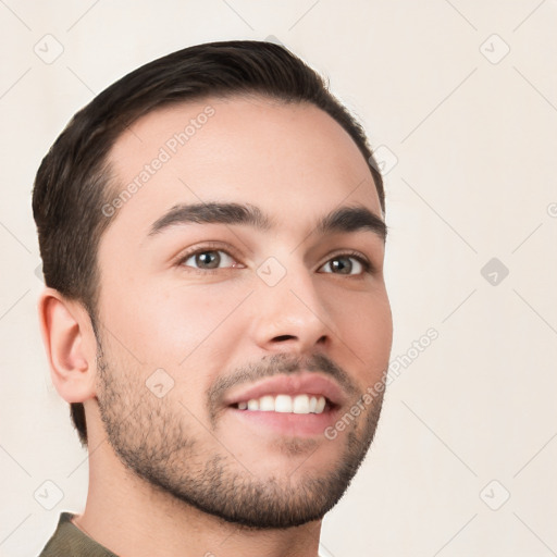 Neutral white young-adult male with short  brown hair and brown eyes