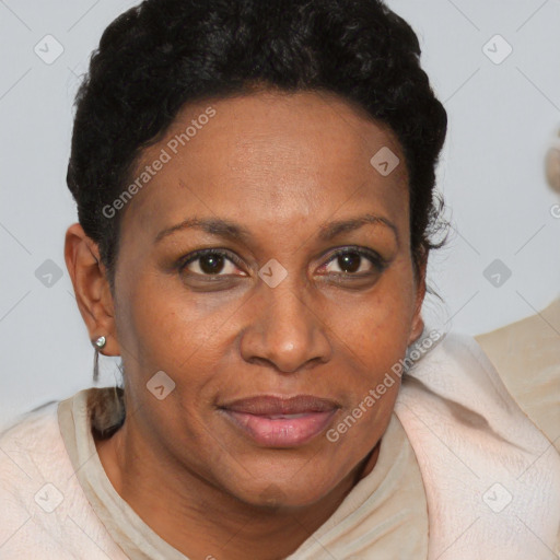 Joyful black adult female with short  brown hair and brown eyes