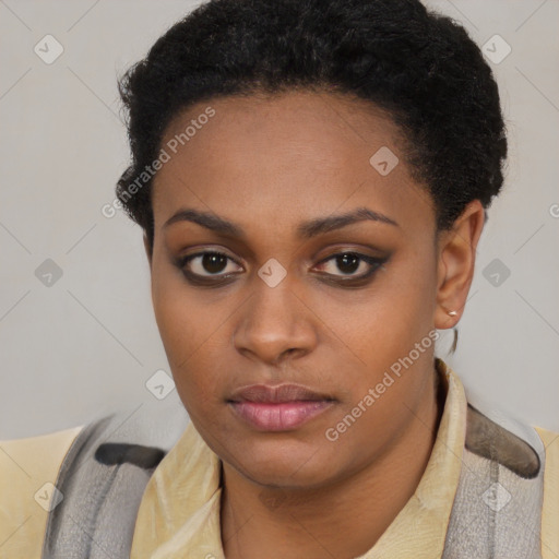 Neutral black young-adult female with short  black hair and brown eyes