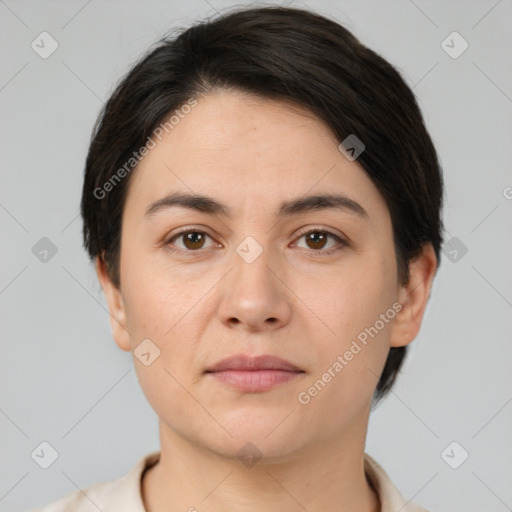 Neutral white young-adult female with short  brown hair and brown eyes