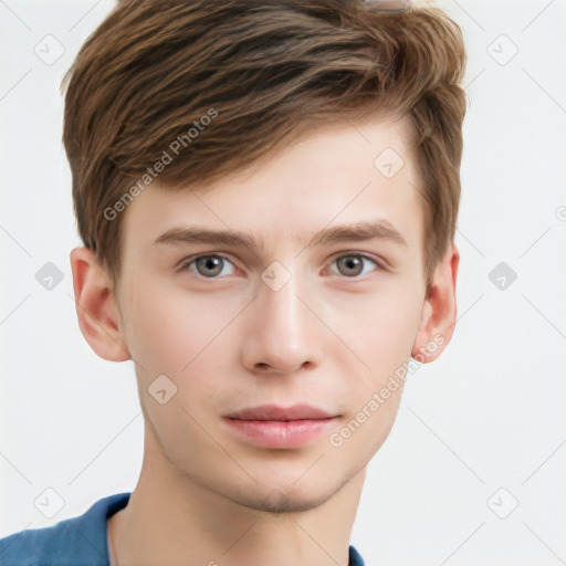 Neutral white young-adult male with short  brown hair and grey eyes