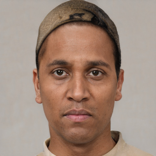 Neutral white adult male with short  black hair and brown eyes