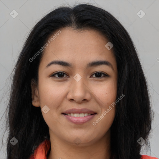 Joyful asian young-adult female with long  brown hair and brown eyes