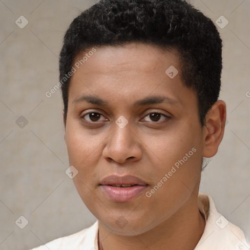 Joyful black young-adult female with short  brown hair and brown eyes