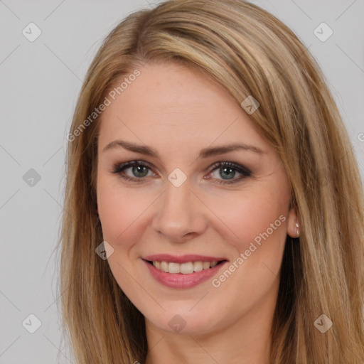 Joyful white young-adult female with long  brown hair and brown eyes