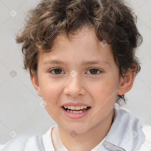 Joyful white child female with short  brown hair and brown eyes