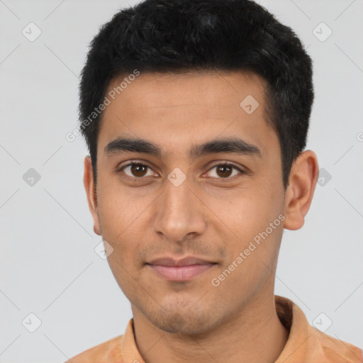 Neutral asian young-adult male with short  black hair and brown eyes