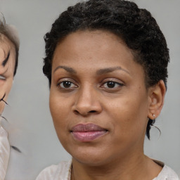 Joyful black young-adult female with short  brown hair and brown eyes