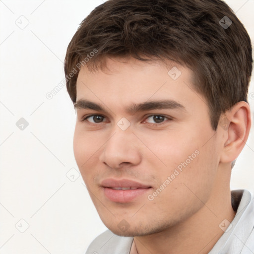 Neutral white young-adult male with short  brown hair and brown eyes